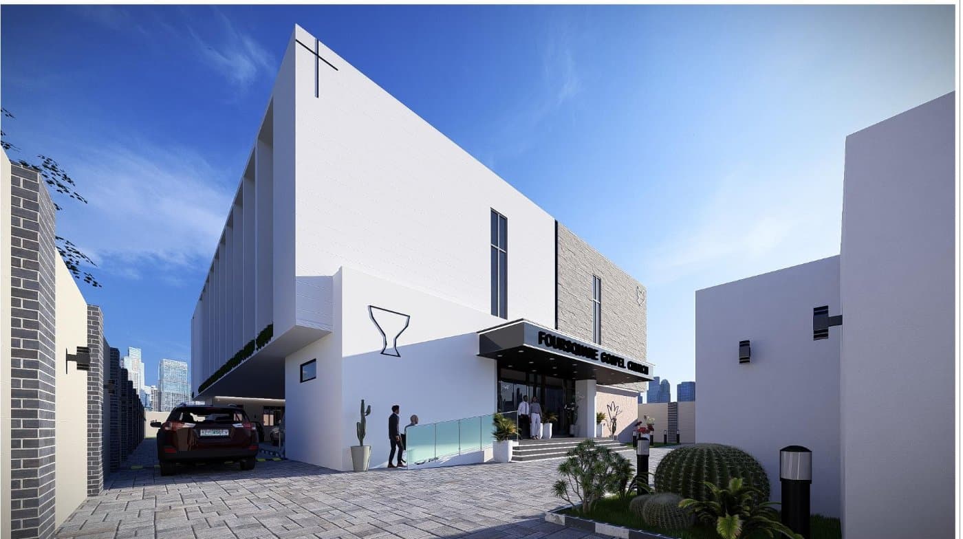 Render of the main entrance and forecourt of the new sanctuary.