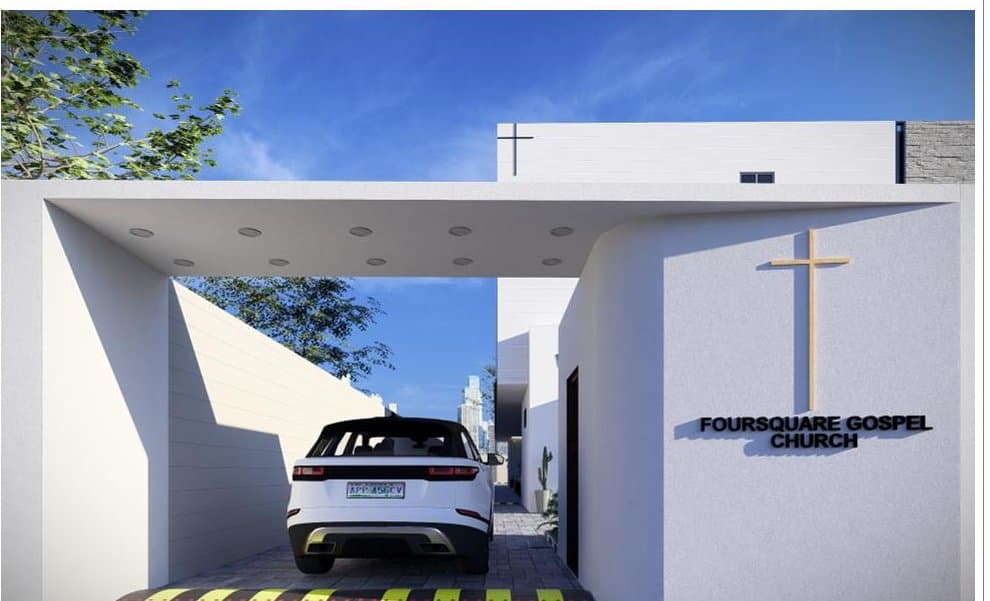 Render of the church gatehouse and driveway.
